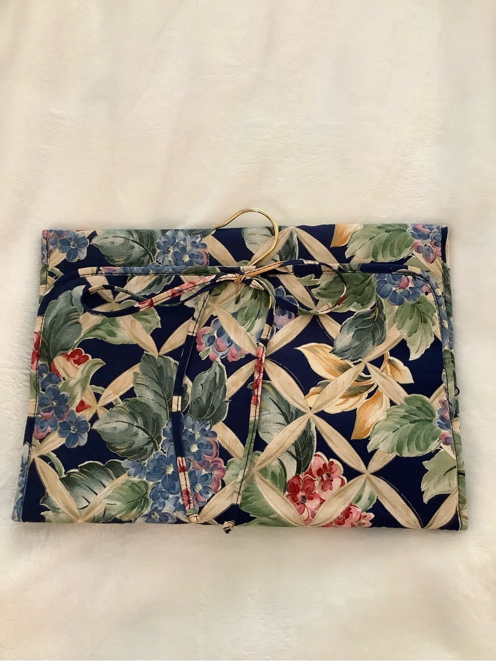Navy Floral Foldover jewelry organizer with Gold Ring